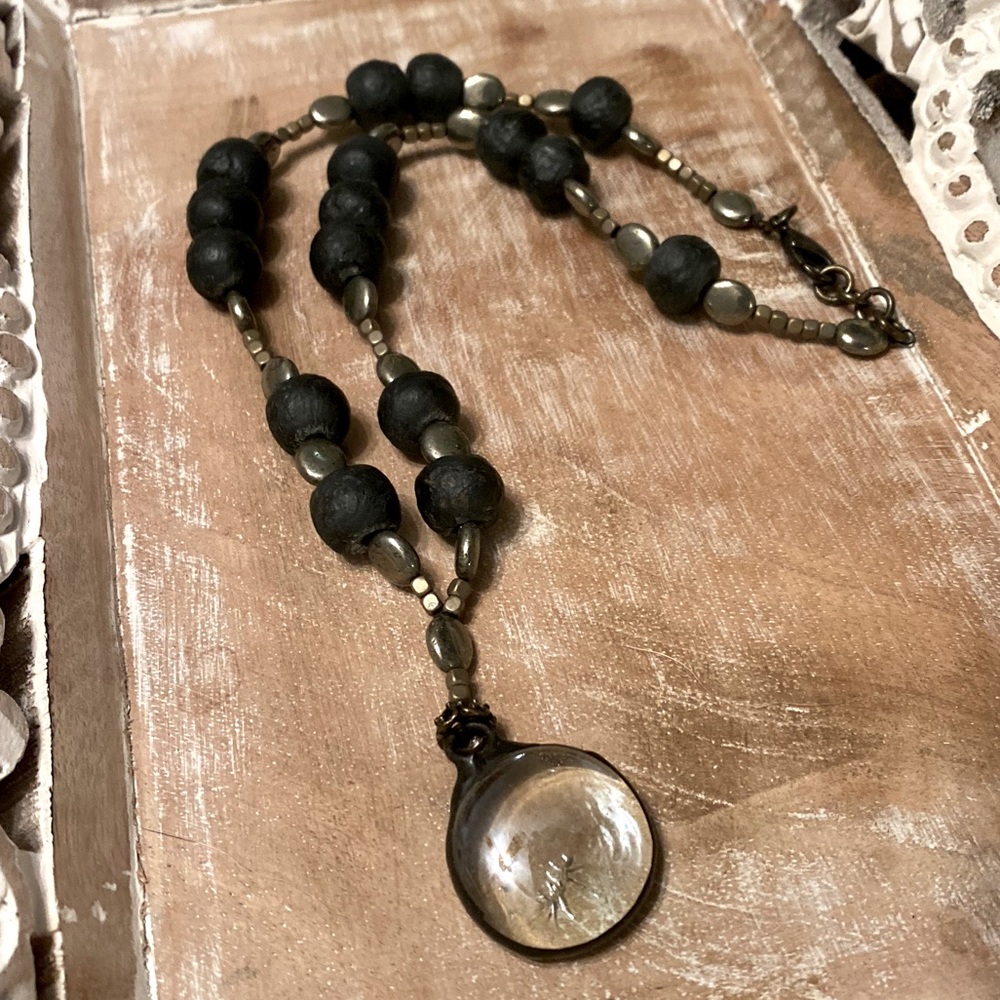 Black Recycled Glass & Gold Hematite Spy Necklace.